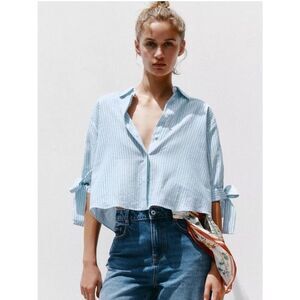 ZARA STRIPED LINEN BOW SHIRT